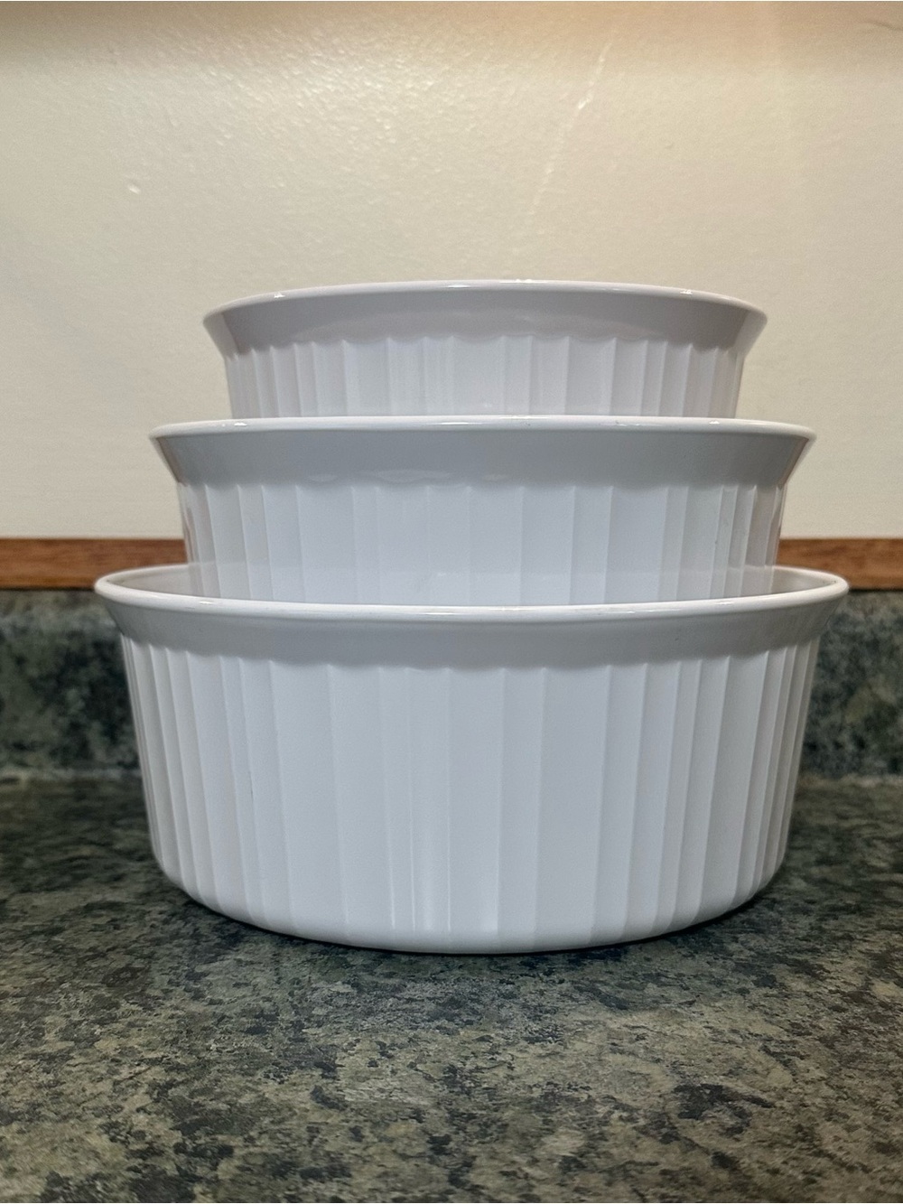 Vintage White Ribbed Ceramic Mixing Bowls - Set of 3